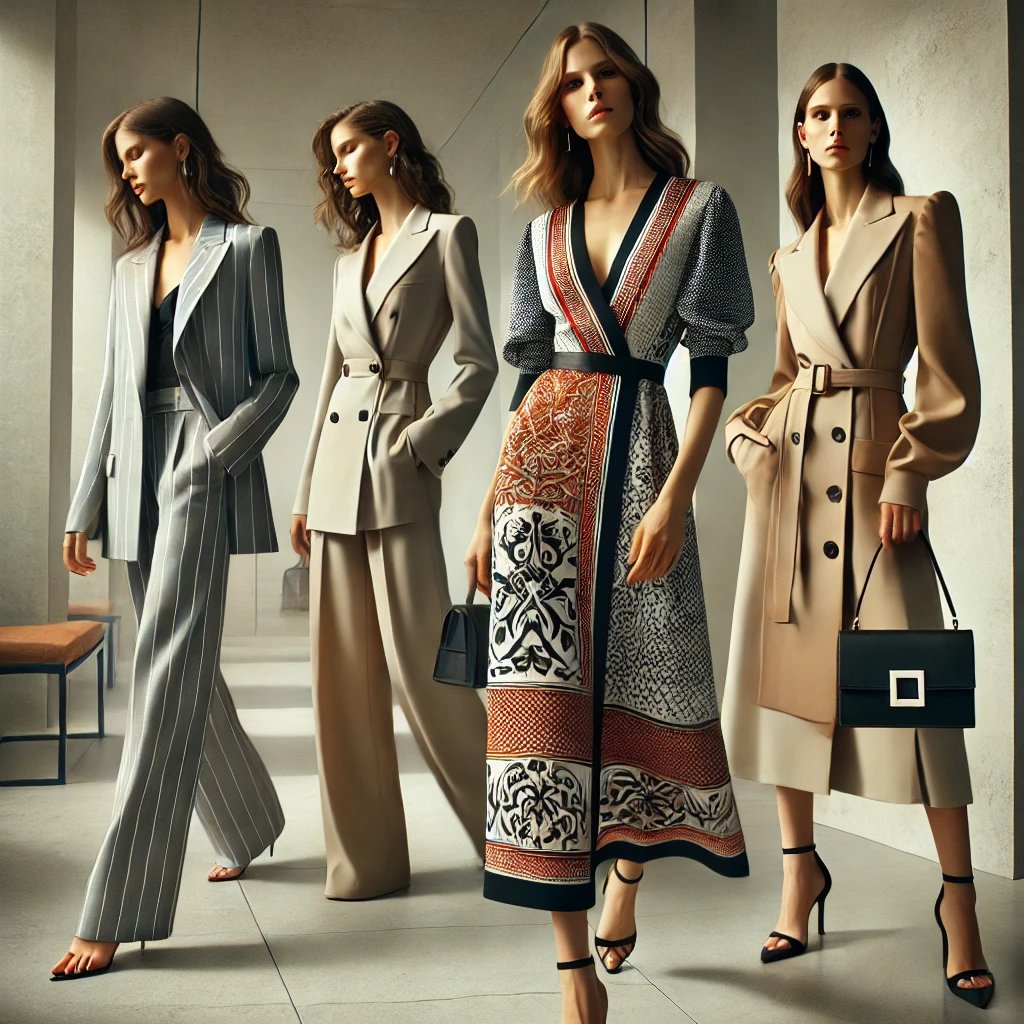 A professional, stylish advertisement-style image for the Cue fashion brand. The setting includes a modern studio with clean lines and neutral tones, showcasing three outfits: a sleek tailored blazer with wide-leg trousers, a bold printed midi dress with a flattering silhouette, and a structured mini bag as an accessory. The models are positioned dynamically, exuding confidence and elegance. The background highlights the minimalist design, with soft lighting that accentuates the quality of the fabrics and the sharp tailoring. A subtle text overlay at the bottom reads 'Cue: Redefining Modern Elegance.'