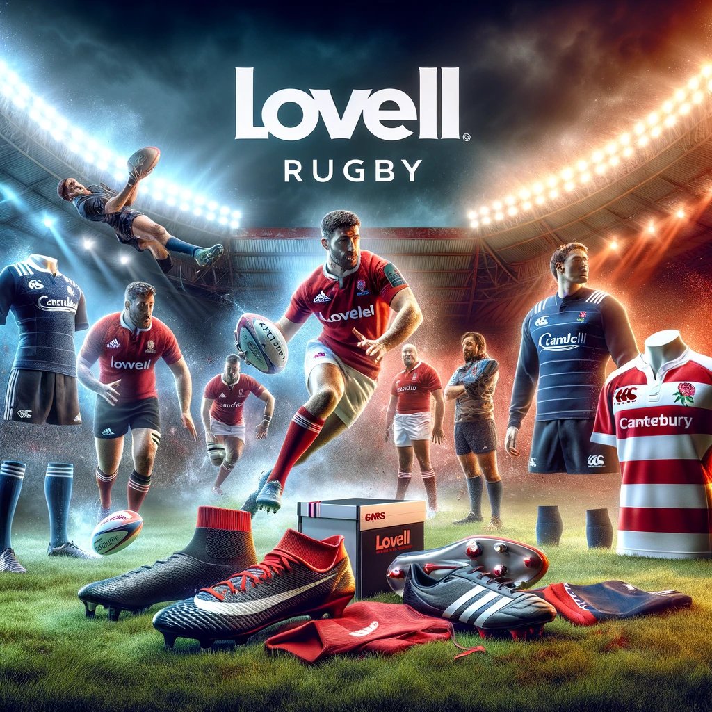 A promotional image concept for Lovell Rugby, featuring a dynamic rugby match scene with players in action, showcasing gear from top brands like Adidas, Nike, and Canterbury. The background includes a vibrant stadium setting under dramatic lighting, emphasizing energy and passion. In the foreground, Lovell Rugby products such as rugby boots, replica team jerseys, and protective gear are neatly displayed on grass. The Lovell Rugby logo is prominently positioned, styled in bold white letters against a red background, symbolizing trust and expertise in rugby. Ideal for marketing or branding use.