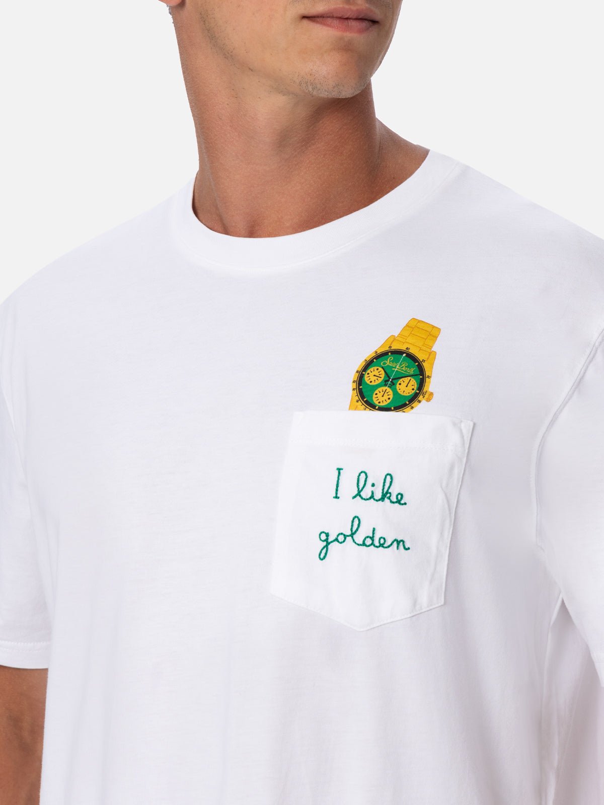  Men's Austin T-shirt | White Cotton Jersey with Embroidered Watch Print | Saint Barth Logo | Trompe-l'Oeil Design | Classic Fit | MC2 Saint Barth 