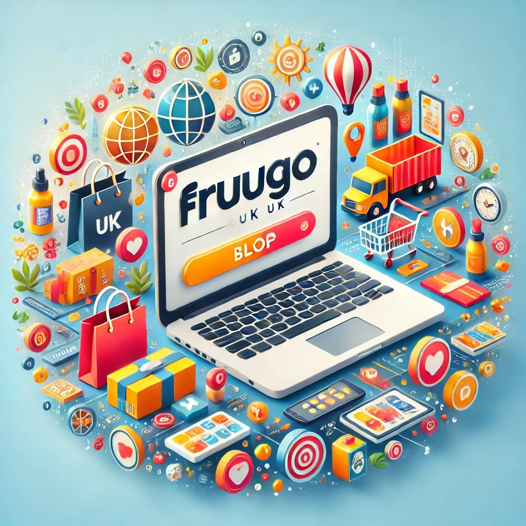 A visually appealing blog banner image for an article about Fruugo UK, showcasing an online shopping theme. The image includes a laptop with the Fruugo logo on the screen, a shopping cart, and a variety of product icons such as clothing, electronics, and beauty items. The background is bright and vibrant with a professional yet cheerful design, emphasizing global accessibility and diversity in shopping.