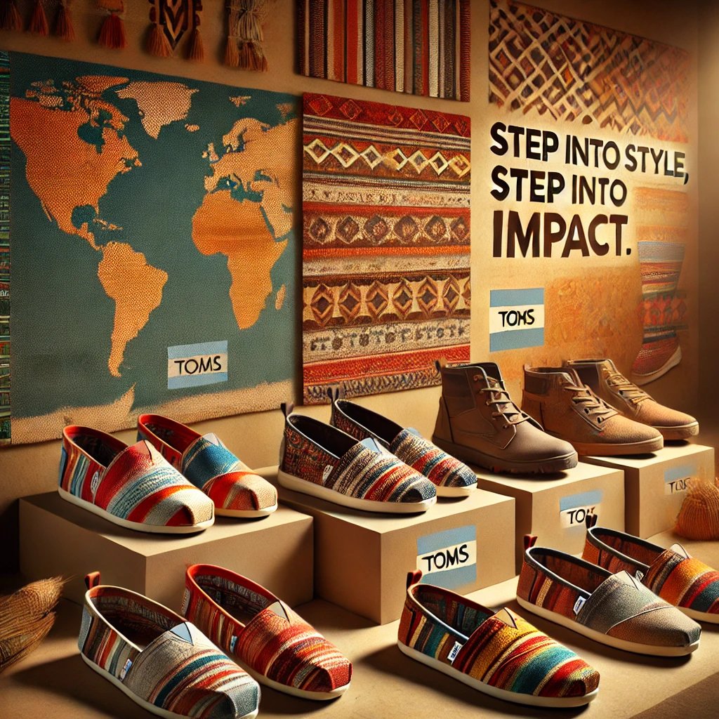 A visually striking advertisement-style image showcasing TOMS Many Geos collection. The setting includes three pairs of shoes: a pair of Geo Alpargata slip-ons with bold geometric patterns, Woven Heritage Boots made from colorful handwoven fabrics, and Eco Canvas Sneakers in earth-toned recycled materials. The background features a warm, earthy color palette with subtle global map outlines and cultural motifs (e.g., tribal patterns, Nordic designs). The layout is clean, with a tagline like 'Step into Style, Step into Impact' subtly placed. Bright and inviting lighting enhances the shoes' textures and colors.