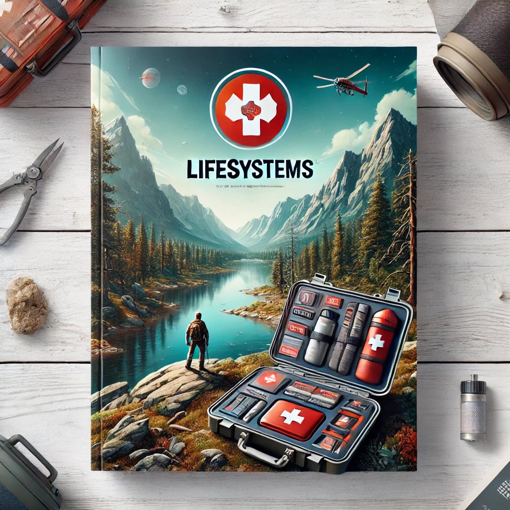 A sleek, modern design concept for the Lifesystems brand. The image features an outdoor adventure theme with mountains, forests, and a river under a bright sky. In the foreground, Lifesystems products like a compact first aid kit, a mosquito net, and a survival blanket are creatively displayed on rugged terrain. The logo 'Lifesystems' is prominently positioned at the top, styled in bold red with a subtle white outline, evoking reliability and safety. The design balances vibrant and earthy tones, creating an inviting and adventurous feel. Suitable for use as promotional material.